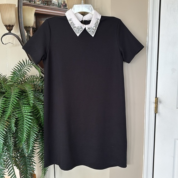 Zara Trafaluc TRF Black Shift Dress White Rhinestone Collar Wednesday Addams - Picture 1 of 14